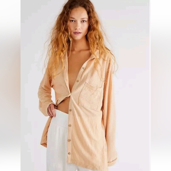 Free People Beach Better Days Button Down  Stripped Shirt Sz L - Picture 1 of 9